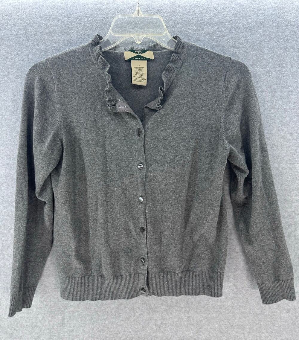 VTG 525 America Women's sz L Grey Button Down Cardigan Ruffle Neck Cotton Blend